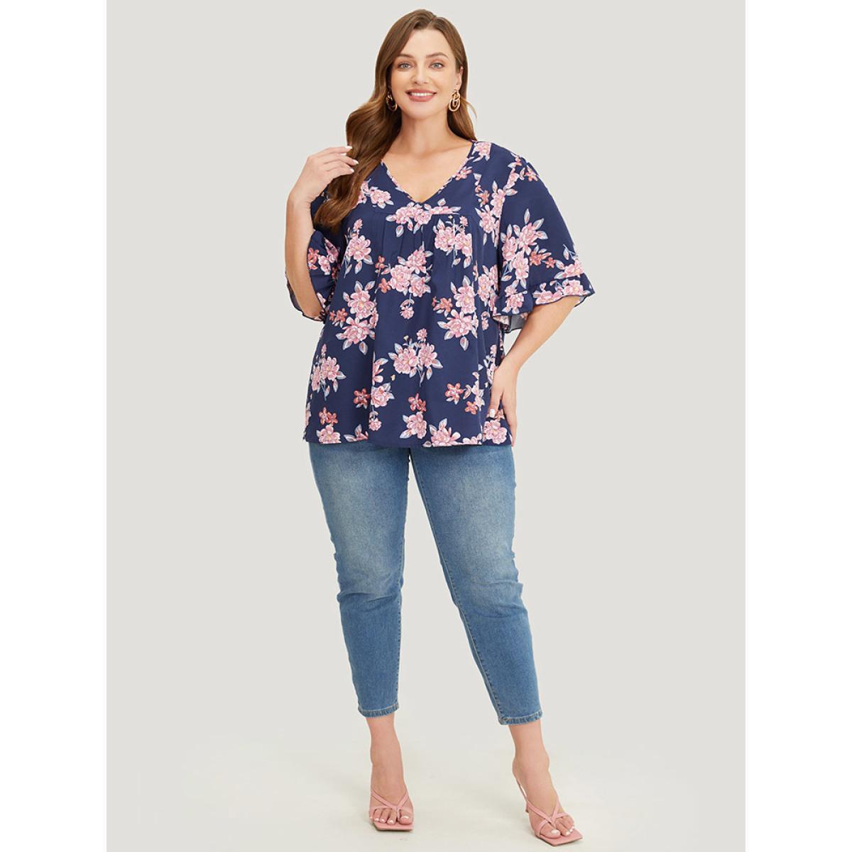 Plus Size Indigo Floral Printed Gathered Ruffle Sleeve Blouse Women Elegant Half Sleeve V-neck Dailywear Blouses BloomChic 10/M Product Image