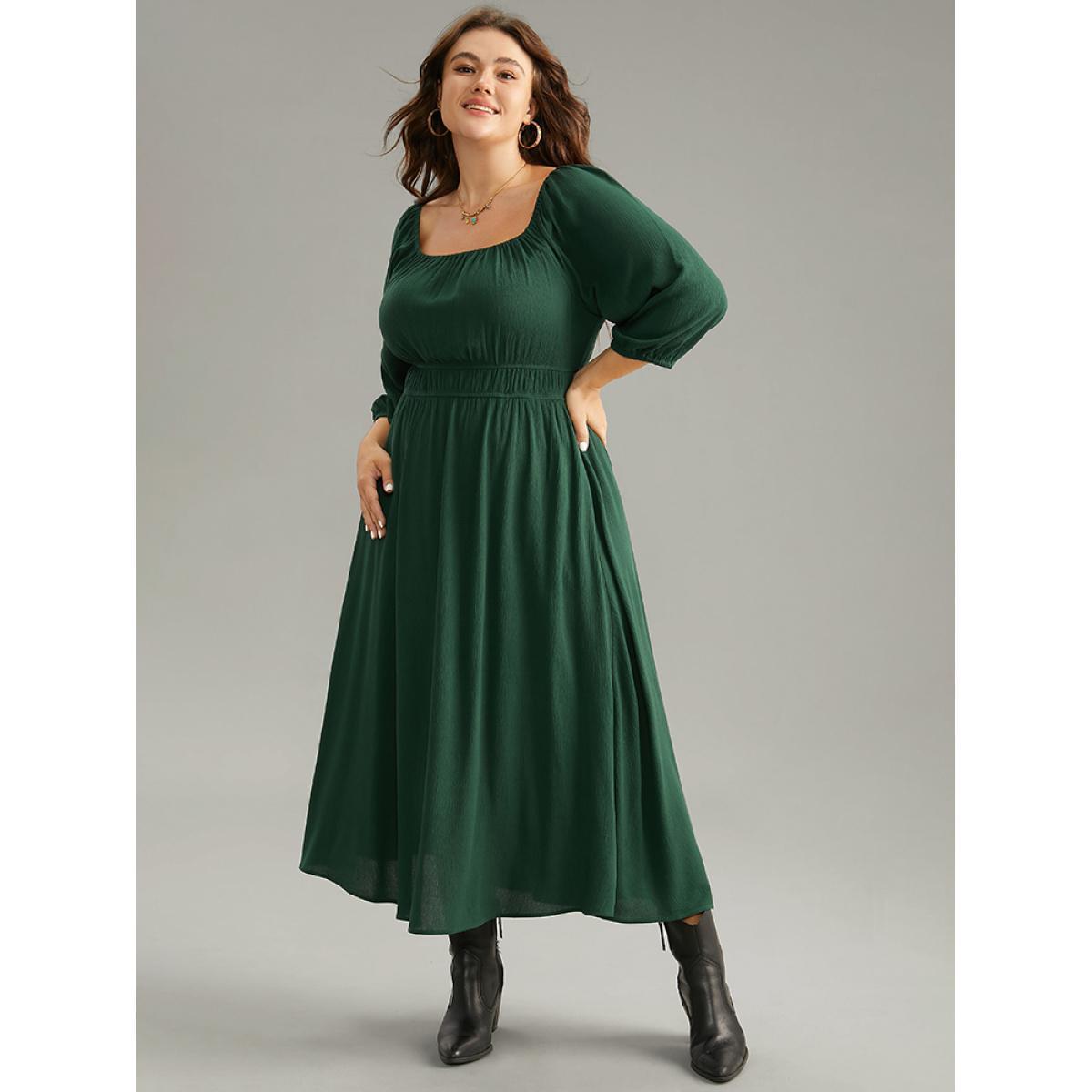 Plus Size Square Neck Gathered Elastic Waist Rayon Dress DarkGreen Women Casual Elastic cuffs Square Neck Elbow-length sleeve Curvy Midi Dress BloomChic 22-24/3X Product Image