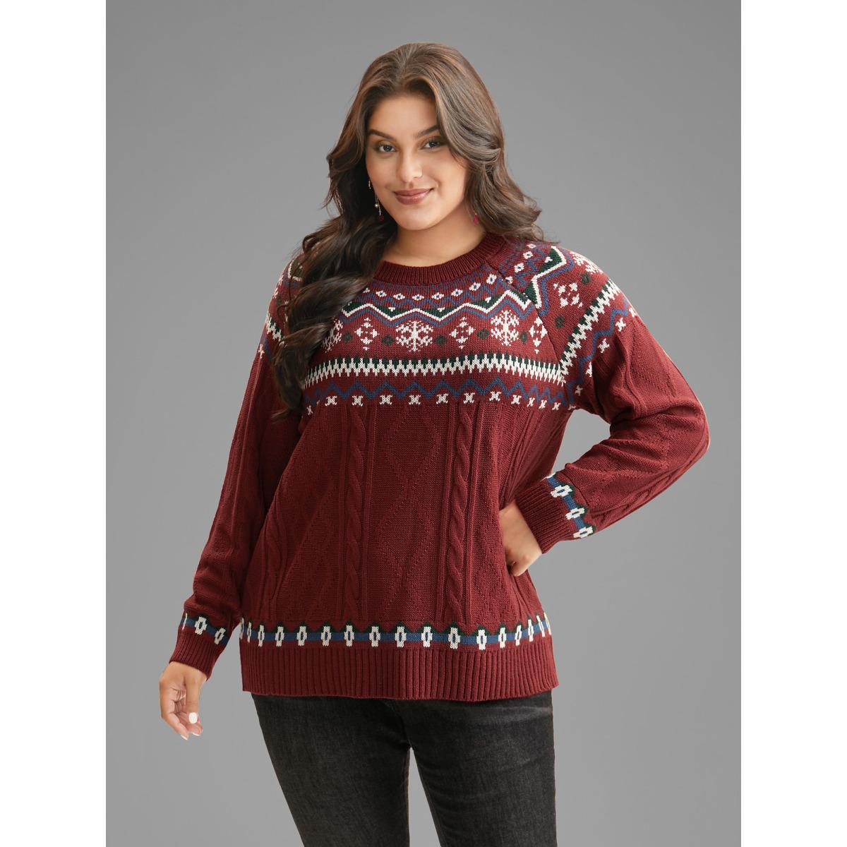 Plus Size Festive Fair Isle Cable Knit Pullover Deepred Women Casual Loose Long Sleeve Round Neck Everyday Pullovers BloomChic 18-20/2X Product Image