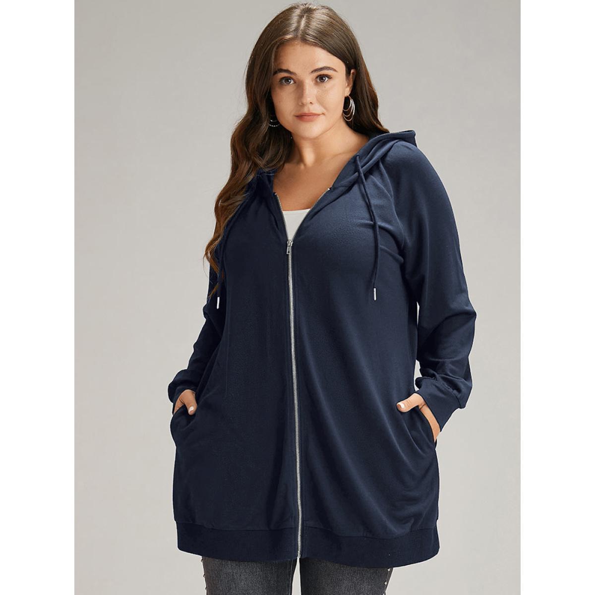 Plus Size Plain Zipper Hooded Drawstring Pocket Sweatshirt Women DarkBlue Casual Plain Hooded Dailywear Sweatshirts BloomChic 12/L Product Image