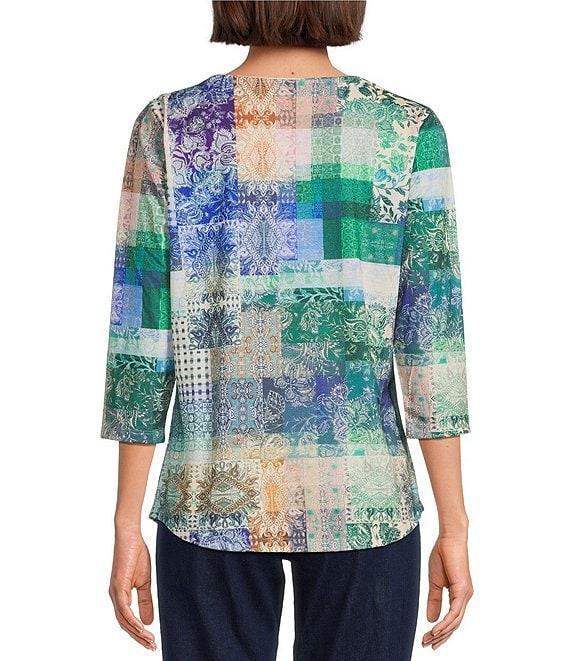 Allison Daley Embellished Deep Forest Flowering Plaid Print 3/4 Sleeve Crew Neck Knit Top Product Image
