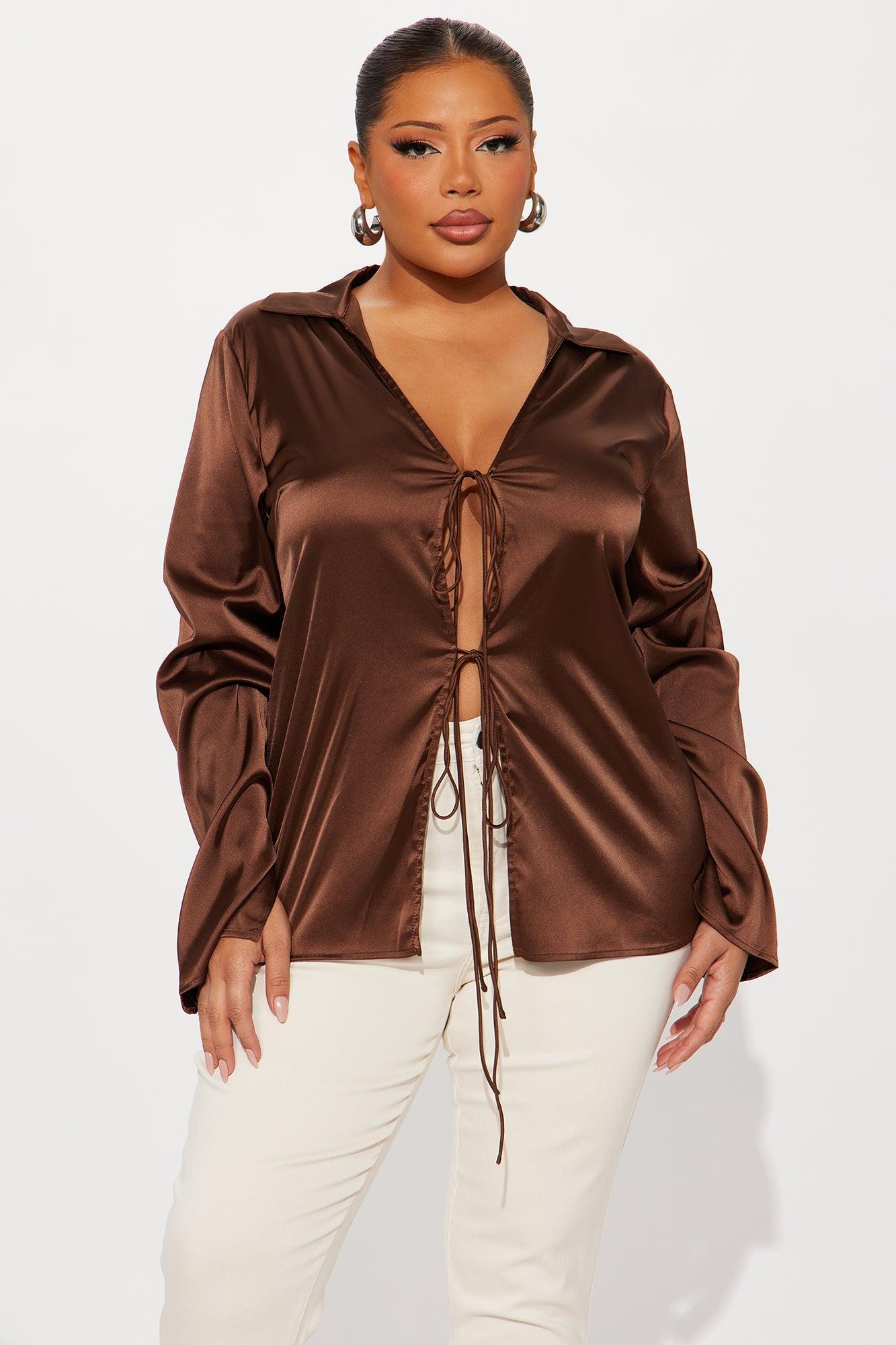 Satin Effect Tie Front Flyaway Top - Chocolate Product Image