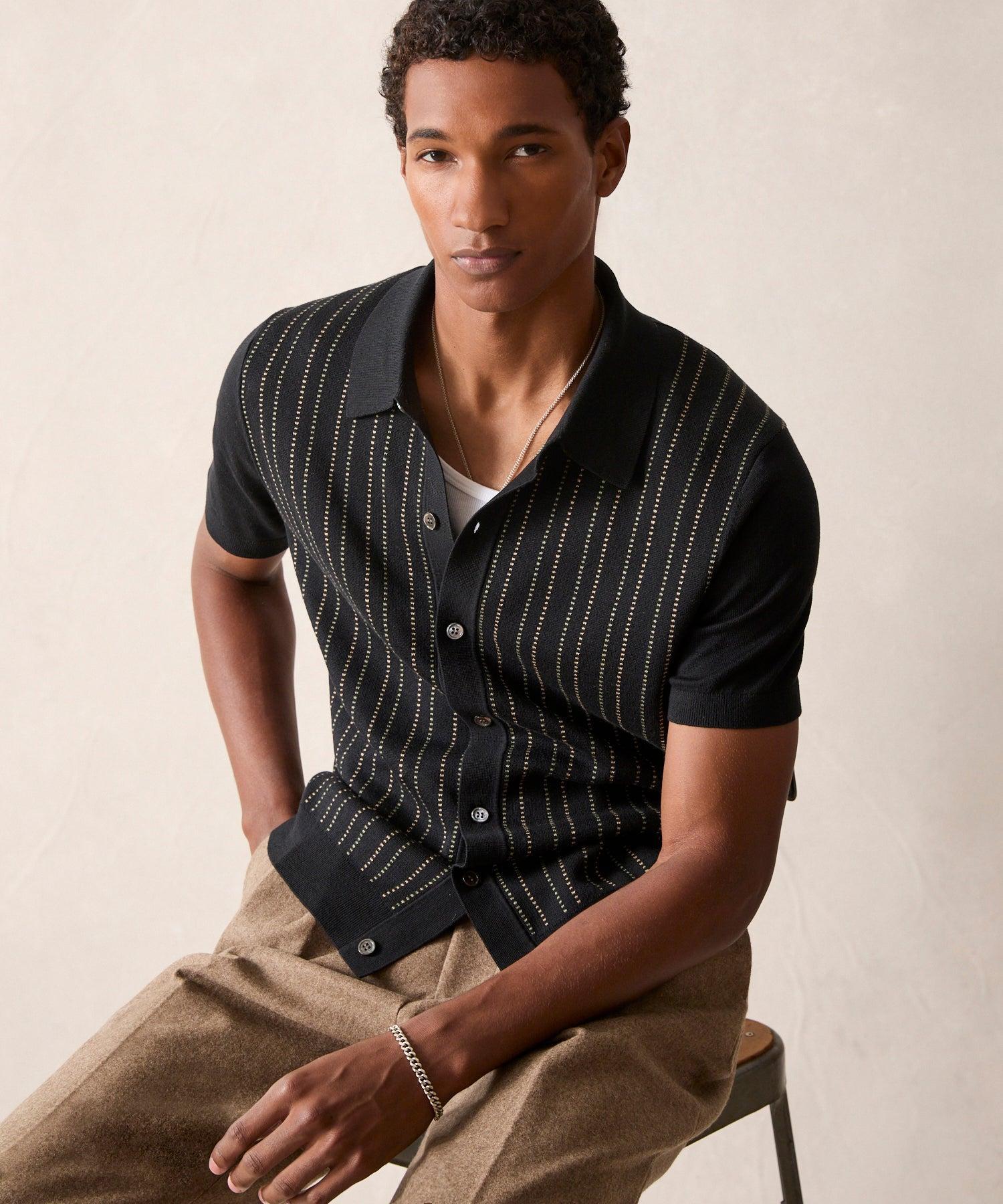 Silk-Cotton Striped Full-Placket Sweater Polo Product Image