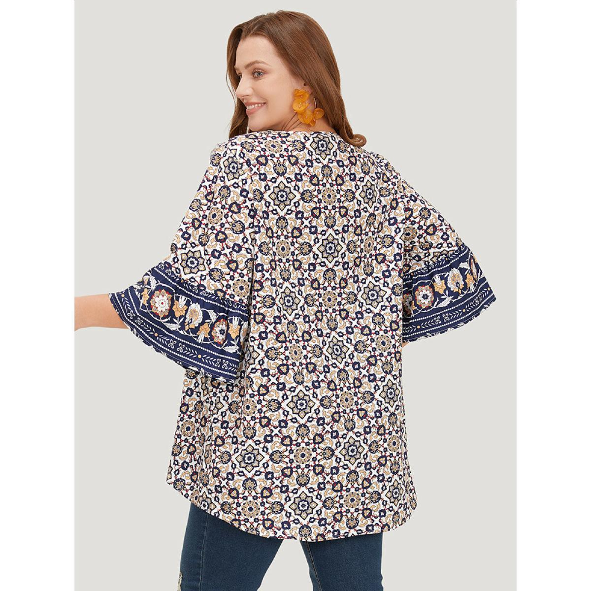 Plus Size Indigo Bandana High Low Hem Bell Sleeve Blouse Women Vacation Elbow-length sleeve V-neck Dailywear Blouses BloomChic 18-20/2X Product Image