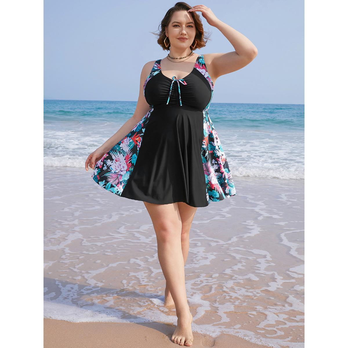 Plus Size Tropical Contrast Drawstring Ruched Ruffles Swim Dress Women's Swimwear Black Vacation Bodycon V-neck High stretch Curve Swim Dresses BloomChic 14-16/1X Product Image