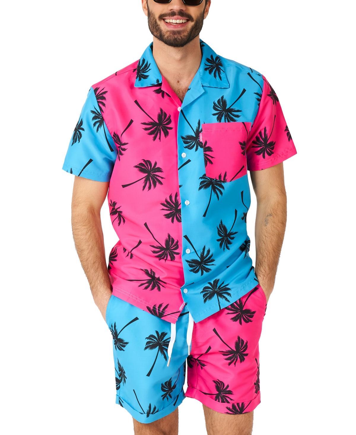Men's OppoSuits Neon Parallel Palm Print Short Sleeve Button Down Shirt & Shorts Set, Boy's, Size: XXL, Pink Blue Product Image