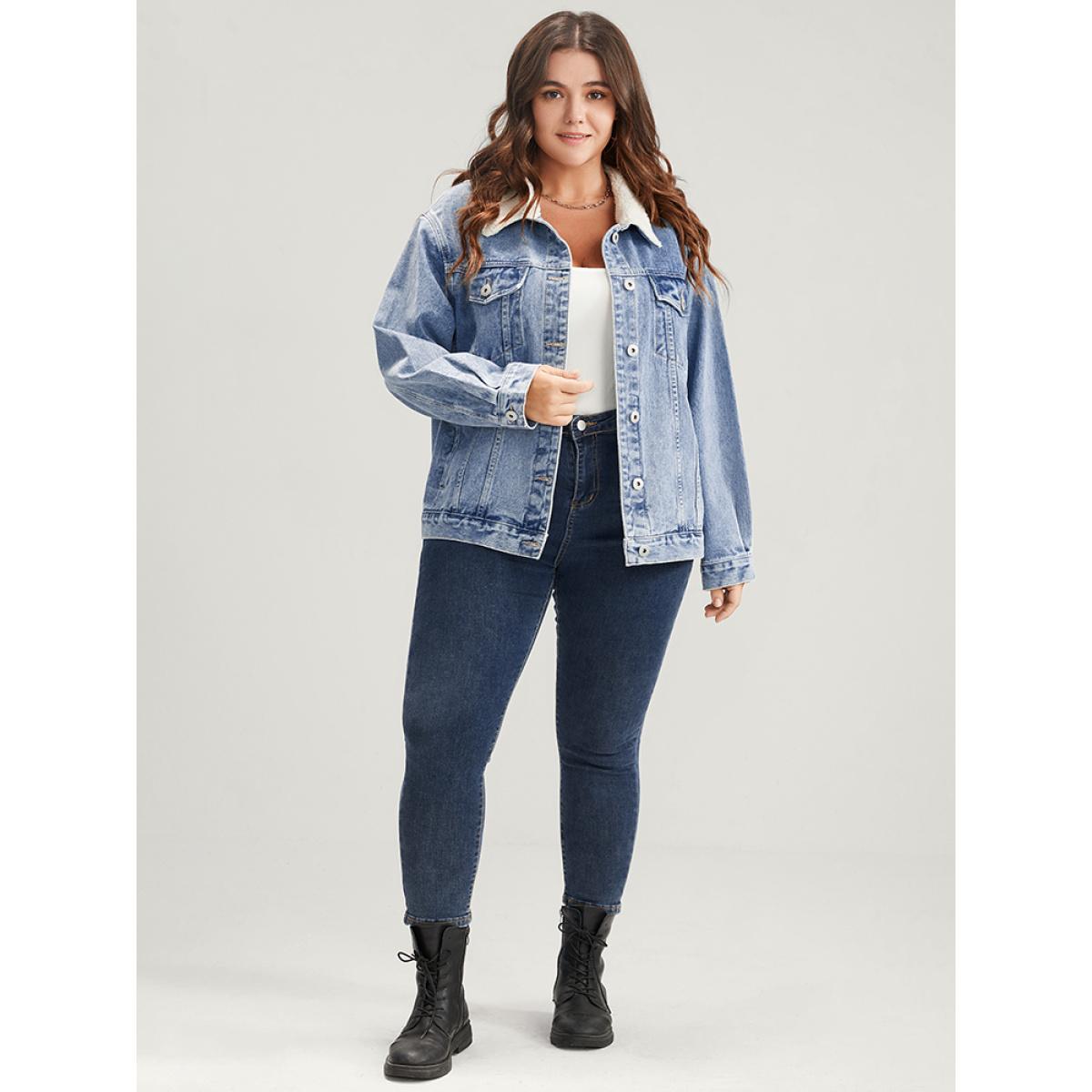 Women Solid Pocket Button Front Medium Wash Denim Jacket Aegean Plus Size Plain Dailywear Pocket Casual Denim Jackets BloomChic 10/M Product Image