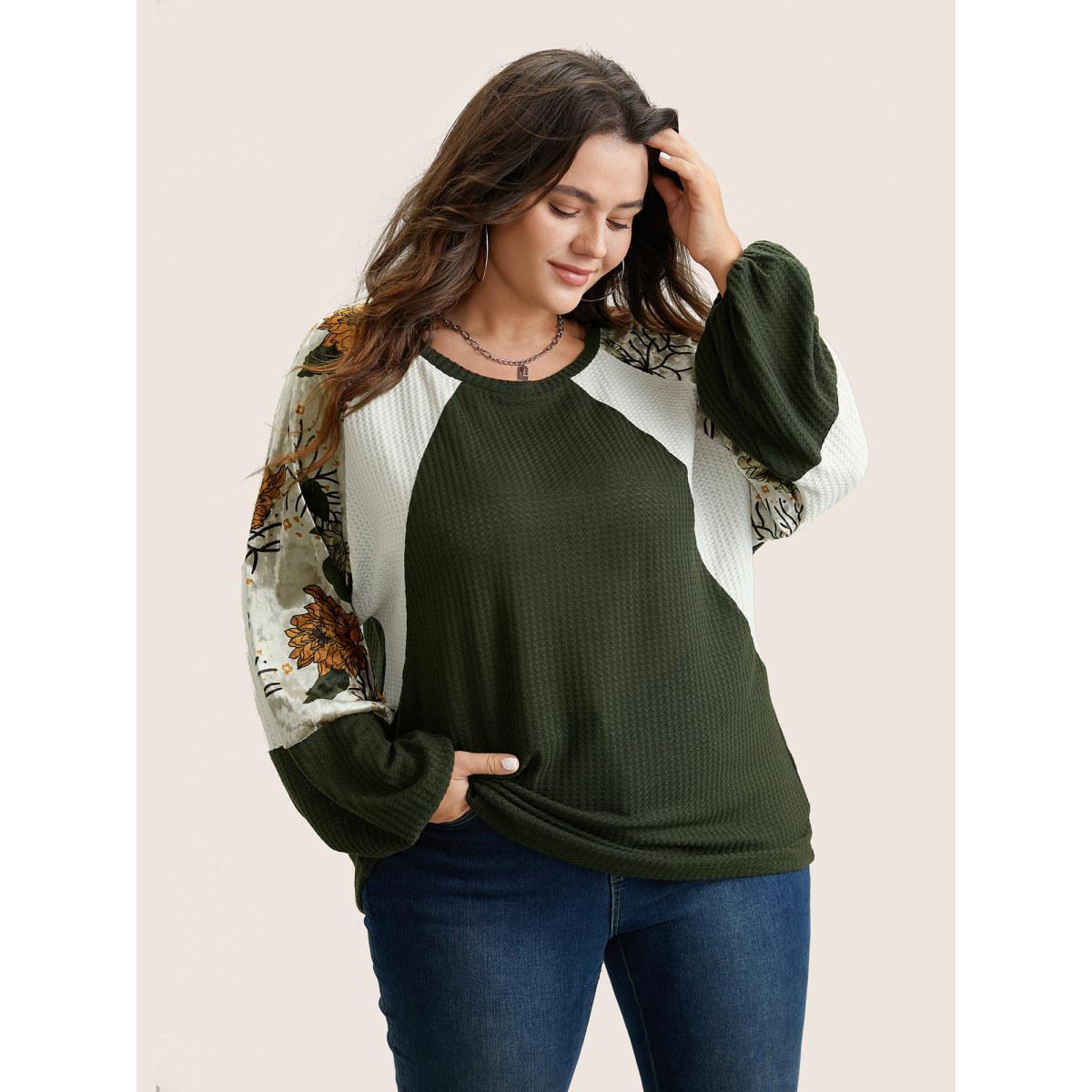 Plus Size Waffle Knit Patchwork Floral Print T-shirt ArmyGreen Women Casual Velvet Floral Round Neck Everyday T-shirts BloomChic 28/5X Product Image
