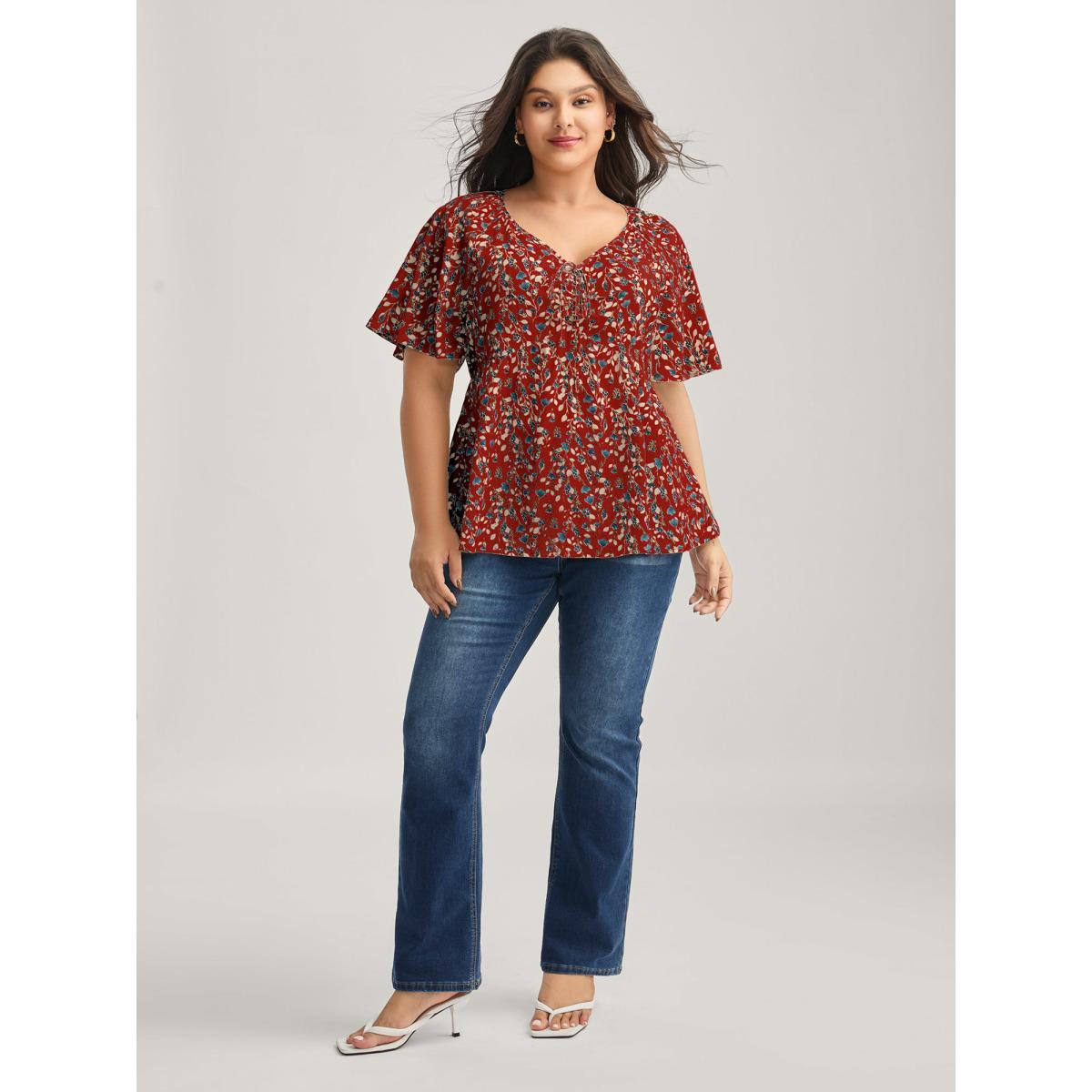 Plus Size Scarlet Bust-Comfort Floral Print Tie Blouse Women Short sleeve V-neck Everyday-Elegant Blouses BloomChic 10/M Product Image