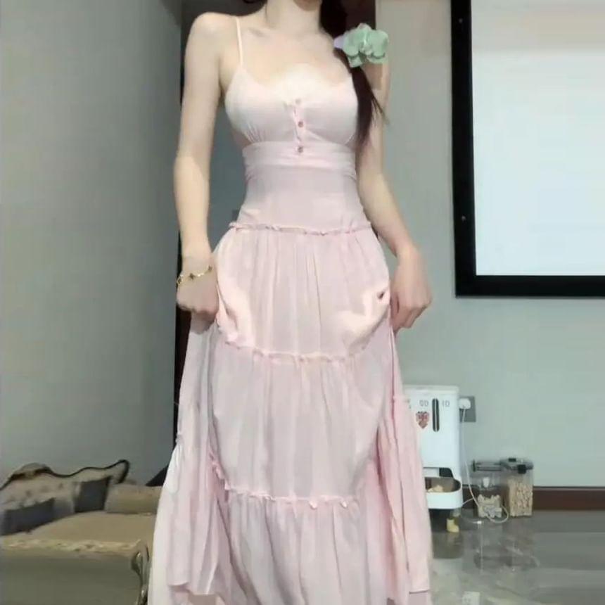 Spaghetti Strap Plain Tiered Button Maxi A-Line Dress Product Image