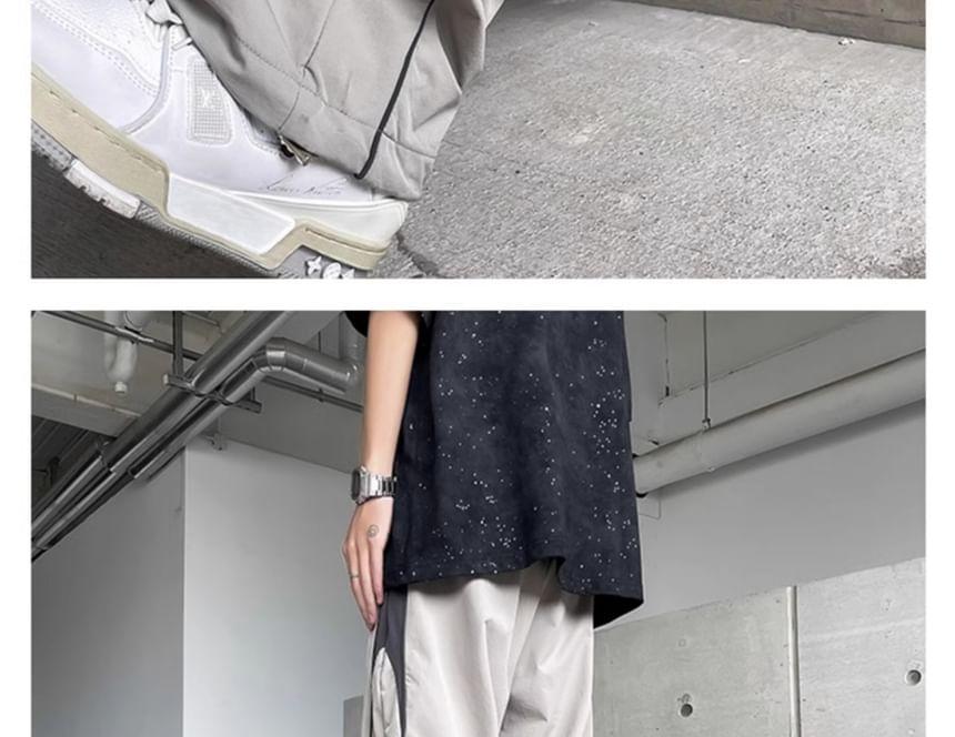 Drawstring Waist Two Tone Panel Straight Leg Track Pants Product Image