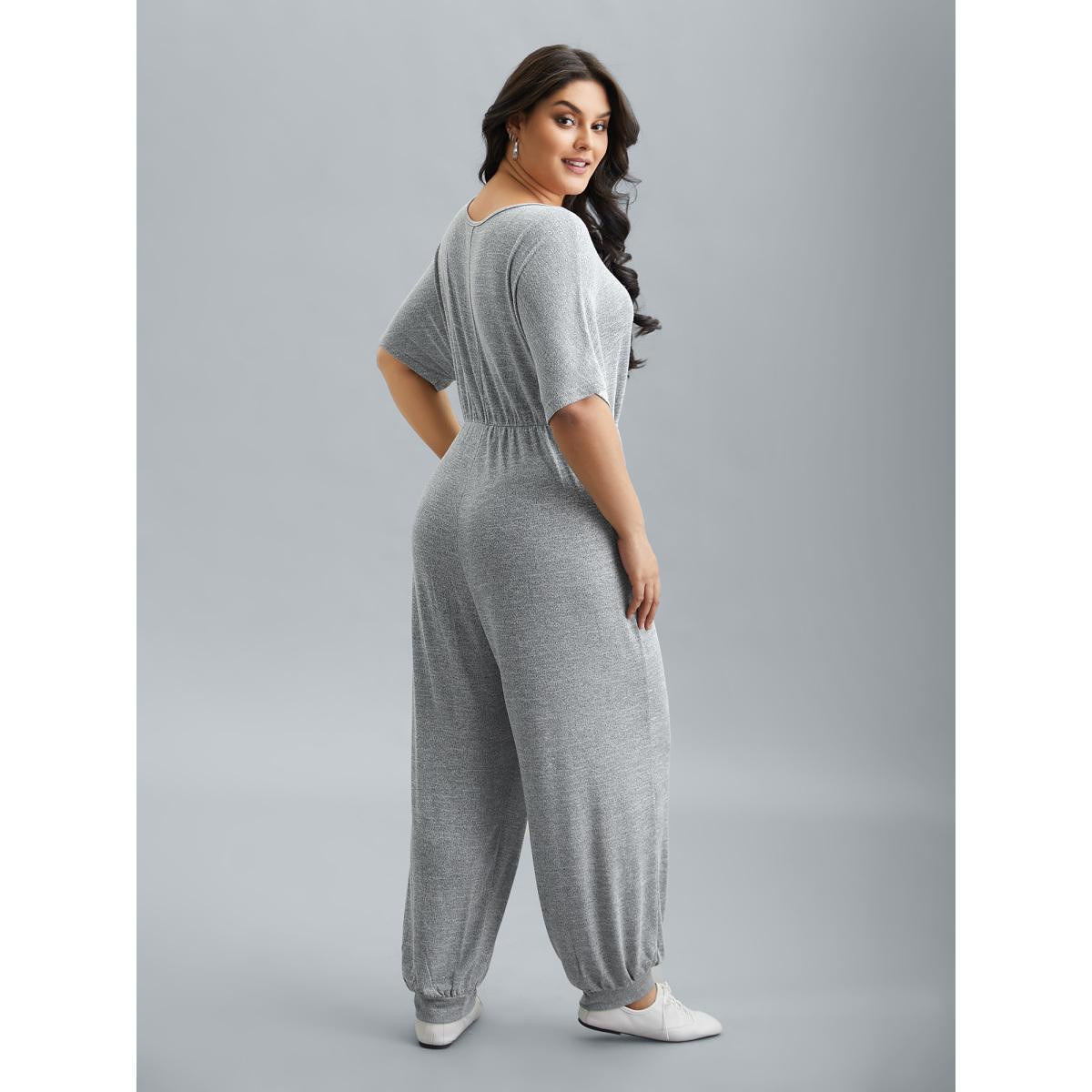 Plus Size LightGray Supersoft Button Drawstring Straight Jumpsuit Women Casual Half Sleeve Round Neck Everyday Loose Jumpsuits BloomChic 10/M Product Image