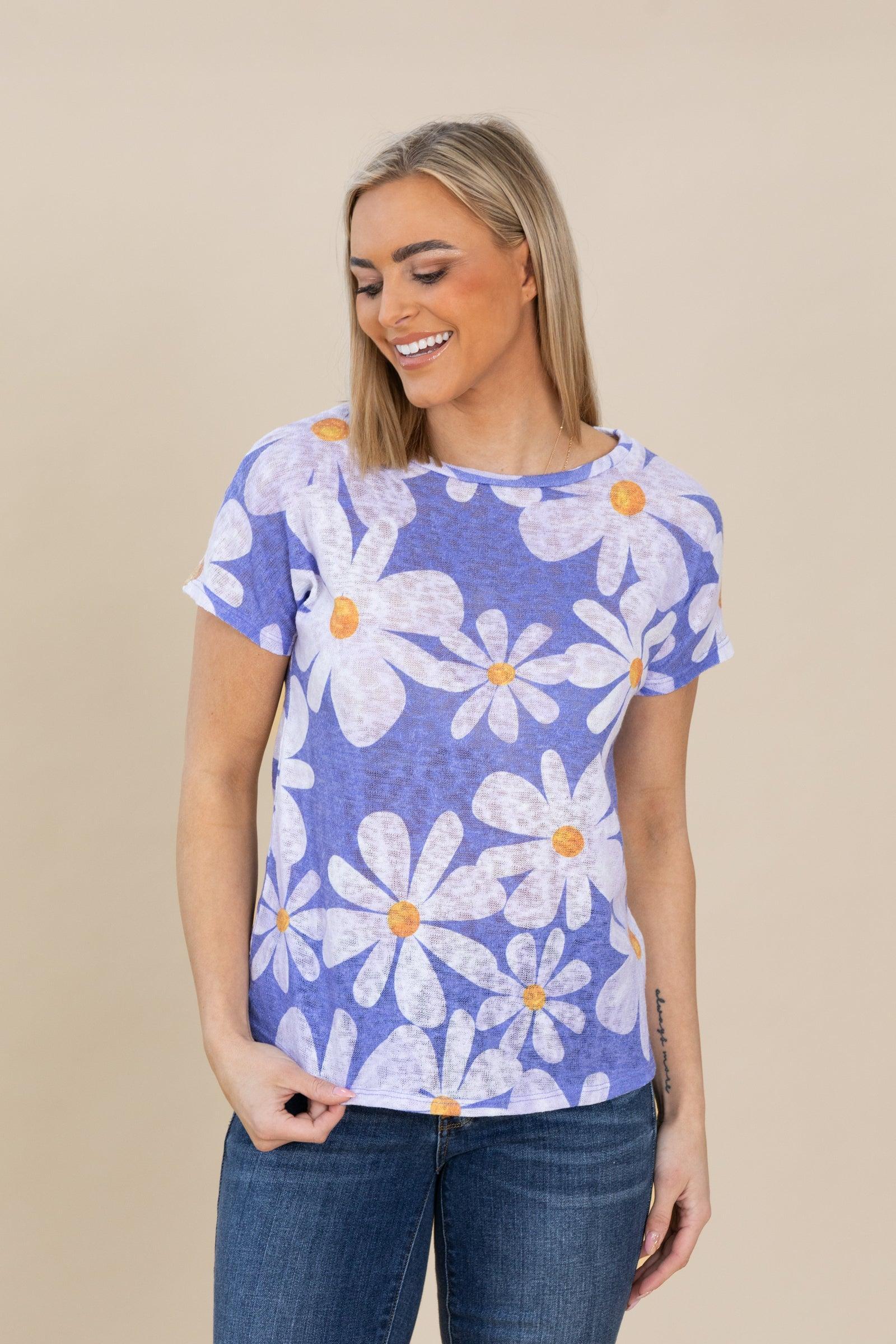 Flower Big Print Short Sleeve Knit Top Product Image