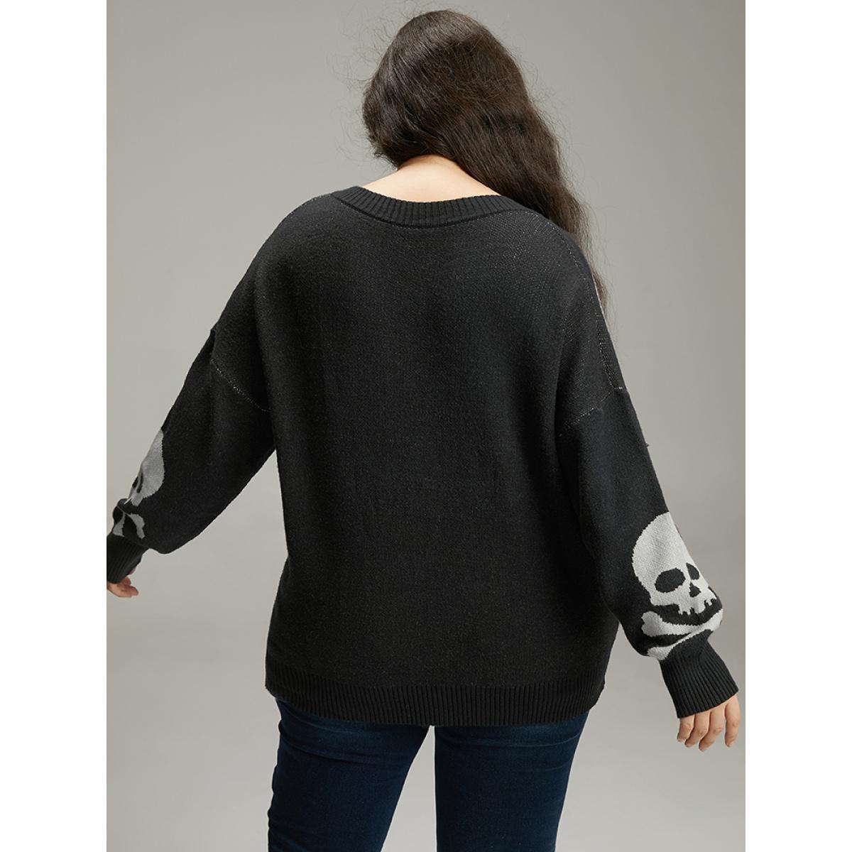 Plus Size Supersoft Essentials Halloween Skull Print V Neck Pullover Black Women Casual Long Sleeve V-neck Festival-Halloween Pullovers BloomChic 18-20/2X Product Image