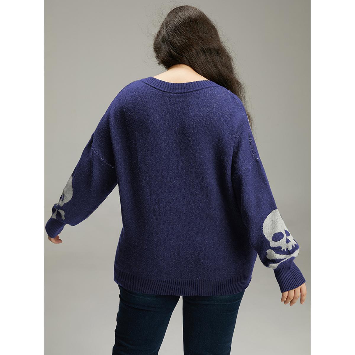 Plus Size Supersoft Essentials Halloween Skull Print V Neck Pullover Indigo Women Casual Long Sleeve V-neck Festival-Halloween Pullovers BloomChic 14-16/1X Product Image