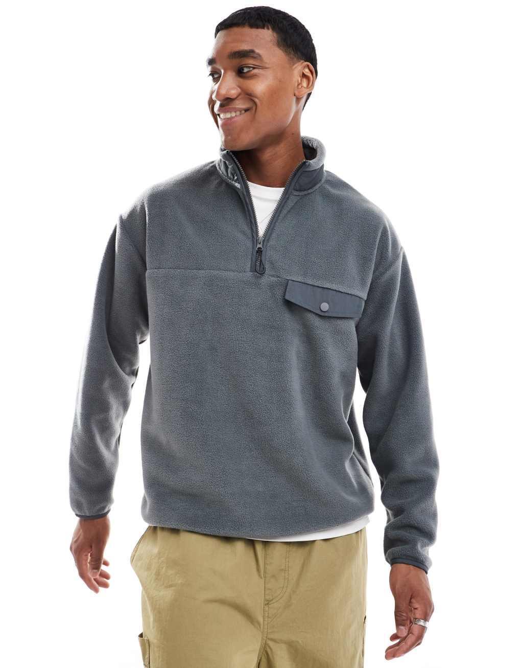 ASOS DESIGN oversized half zip fleece sweatshirt with chest pocket in gray Product Image