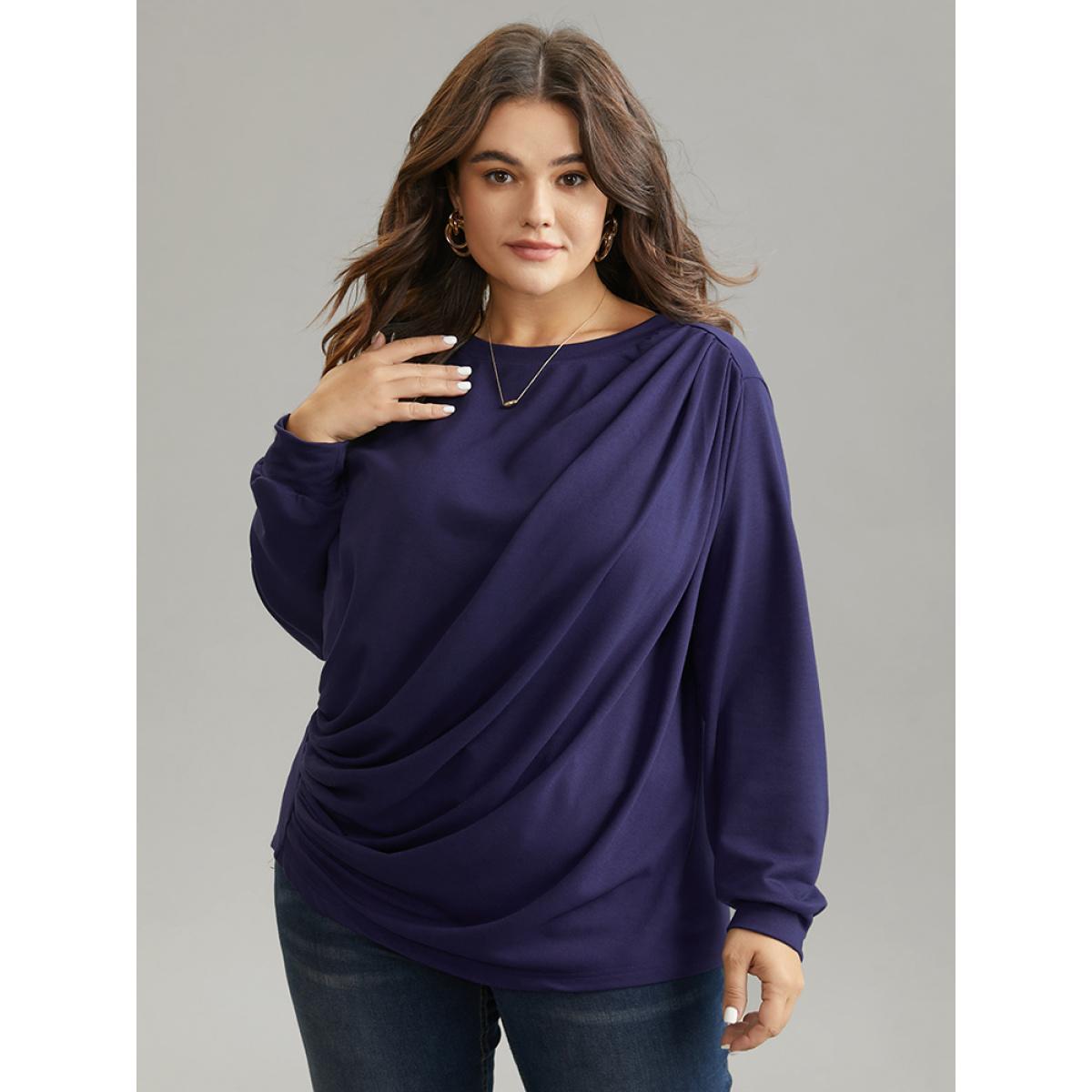 Plus Size Plain Pleated Round Neck Slightly Stretchy Sweatshirt Women Eggplant Casual Plain Round Neck Everyday Sweatshirts BloomChic 26/4X Product Image