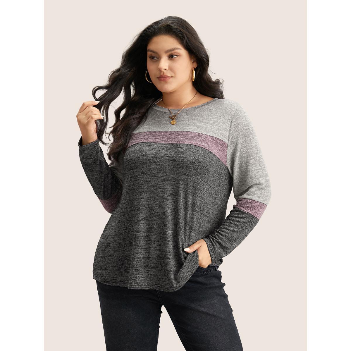 Plus Size Heather Colorblock Contrast Crew Neck T-shirt Multicolor Women Casual Texture Plain Round Neck Everyday T-shirts BloomChic 12/L Product Image