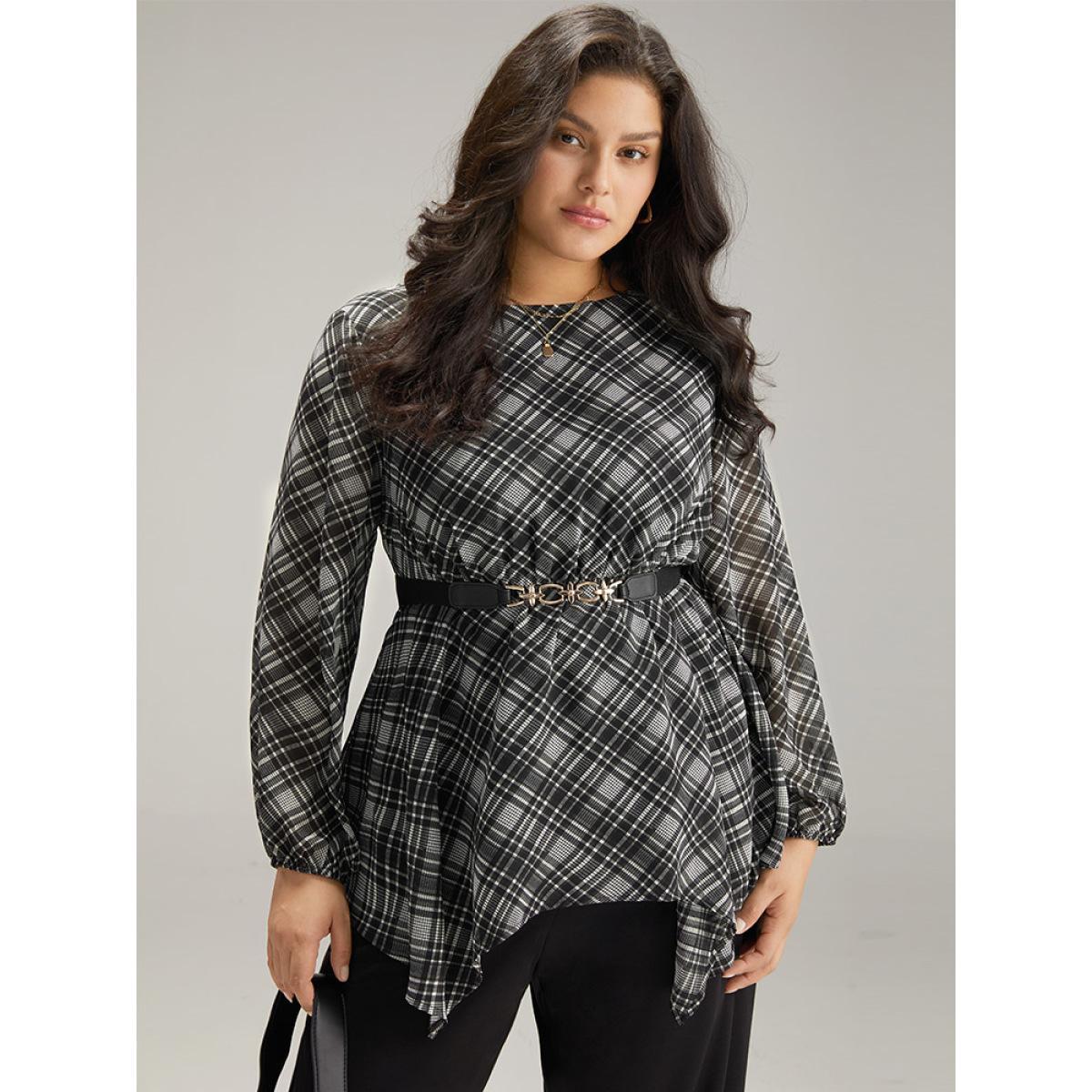 Plus Size Black Plaid Chiffon Lantern Sleeve Hanky Hem Blouse Women Office Long Sleeve Round Neck Work Blouses BloomChic 30/6X Product Image