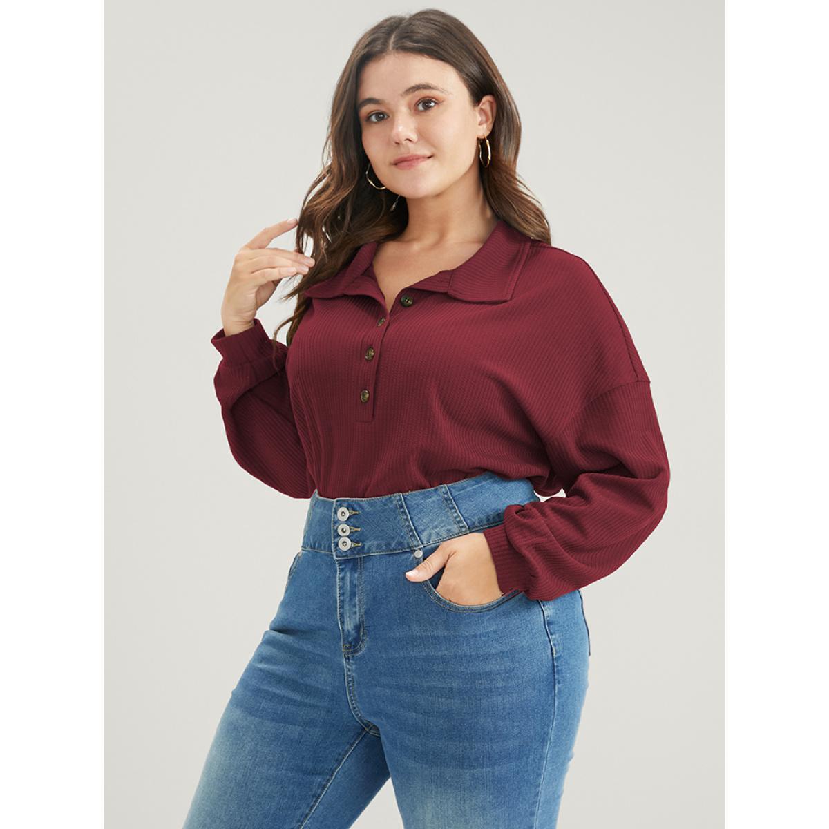 Plus Size Solid Half Button Drop Shoulder Rib Knit Sweatshirt Women Burgundy Casual Button Lapel Collar Dailywear Sweatshirts BloomChic 26/4X Product Image