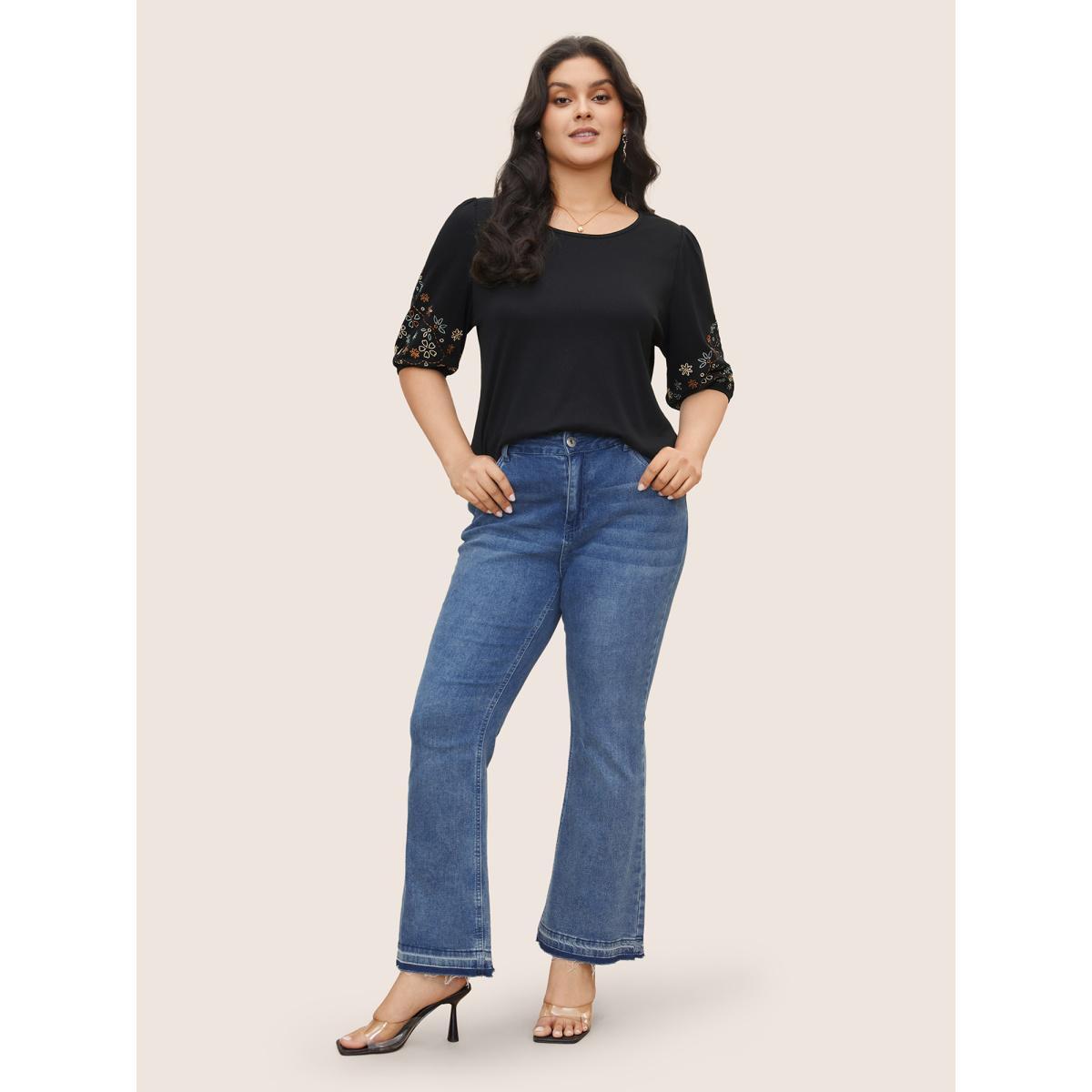Plus Size Floral Embroidered Crew Neck Puff Sleeve T-shirt Black Women Elegant Embroidered Round Neck Everyday T-shirts BloomChic 18-20/2X Product Image