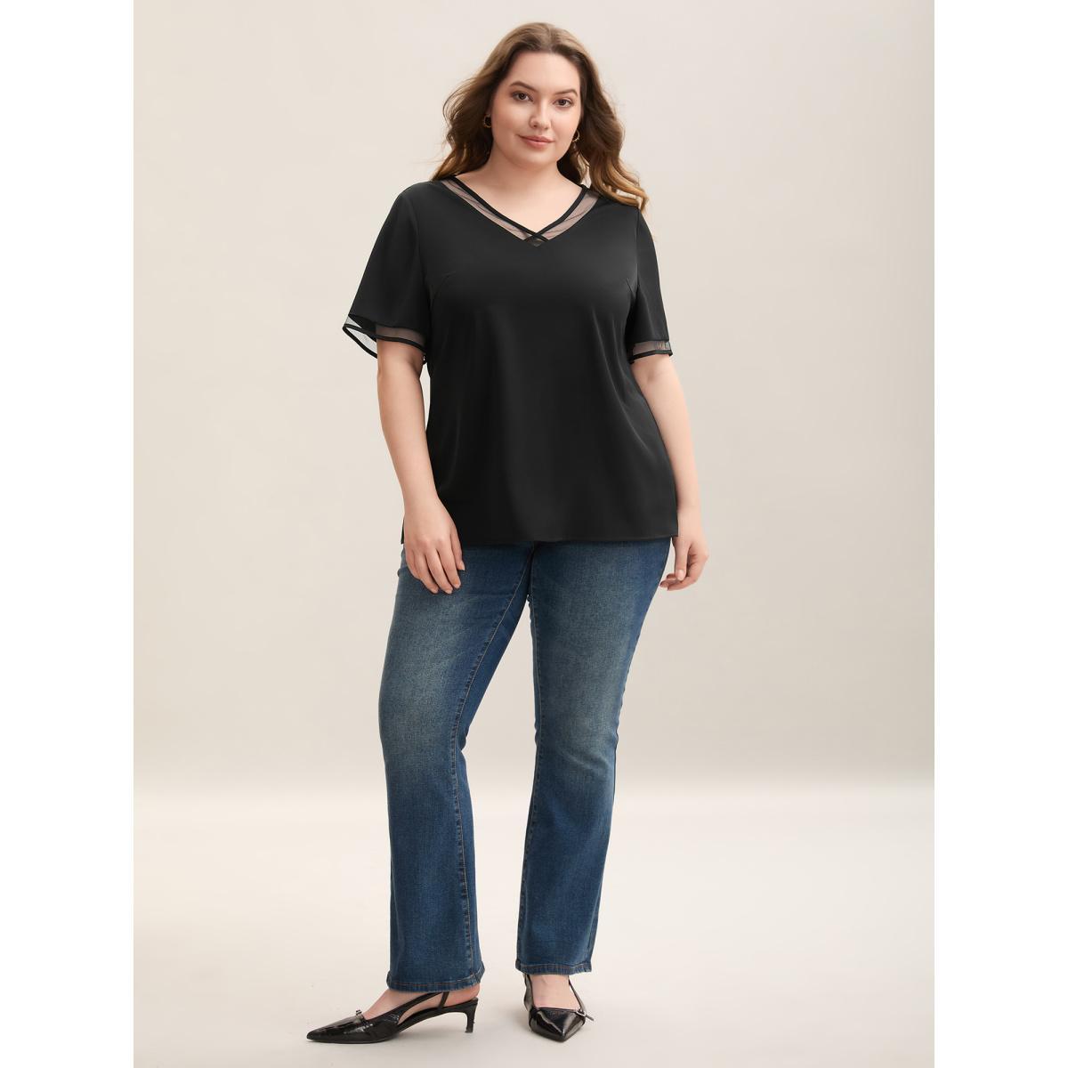 Plus Size Black Sheer Spliced Mesh V-Neck Top Women Elegant Short sleeve V-neck Everyday Blouses BloomChic 14-16/1X Product Image