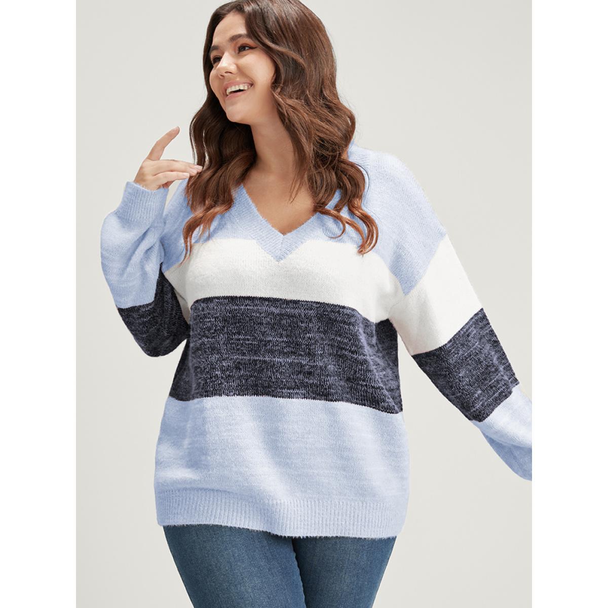 Plus Size Colorblock Contrast Super Soft Plush Knit V Neck Pullover LightBlue Women Elegant Loose Long Sleeve V-neck Dailywear Pullovers BloomChic 10/M Product Image