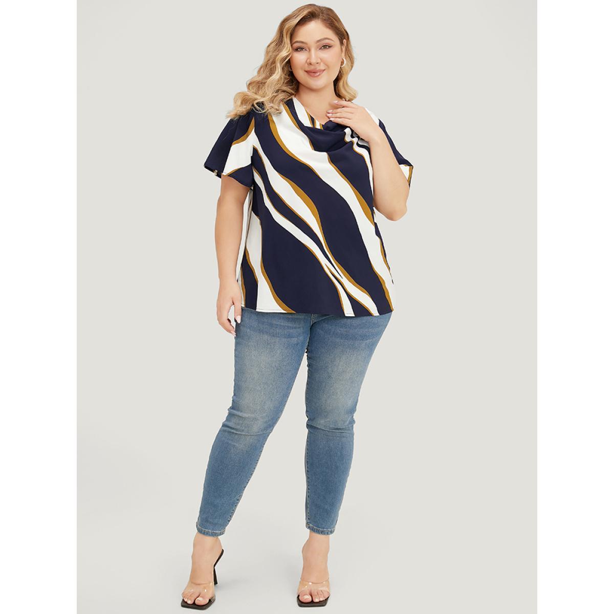Plus Size Multicolor Geometric Contrast Cowl Neck Ruffle Sleeve Blouse Women Office Short sleeve Cowl Neck Work Blouses BloomChic 30/6X Product Image