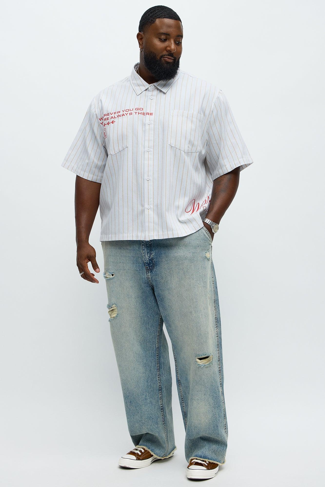 Worldwide Striped Cropped Button Up Shirt - White Product Image