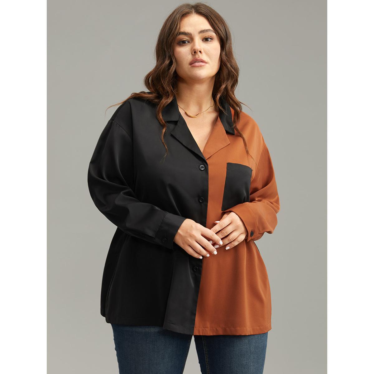 Plus Size Black Anti-Wrinkle Two Tone Patched Pocket Blouse Women Work From Home Long Sleeve Shirt collar Work Blouses BloomChic 28/5X Product Image