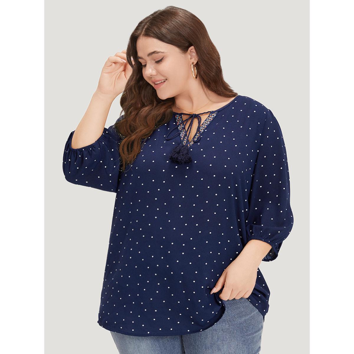 Plus Size Indigo Polka Dot Tassels Ties Elastic Cuffs Blouse Women Vacation Elbow-length sleeve V-neck Vacation Blouses BloomChic 28/5X Product Image