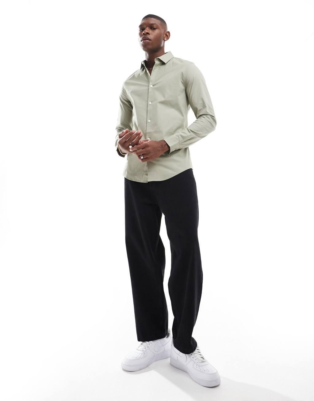 ASOS DESIGN skinny poplin shirt in pale green Product Image
