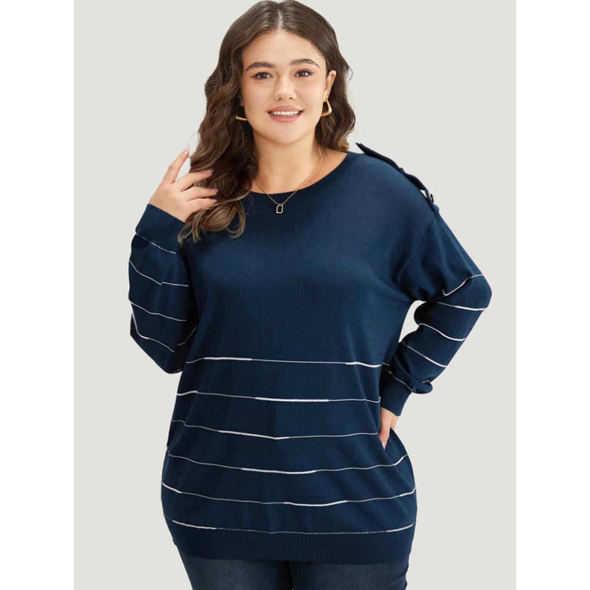 Plus Size Striped Metal Button Detail Elastic Cuffs Pullover Navy Women Casual Loose Long Sleeve Round Neck Everyday Pullovers BloomChic 10/M Product Image