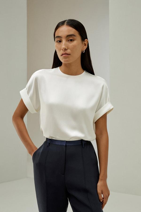 Obliuque Sleeves Round Neck Silk Tee Product Image
