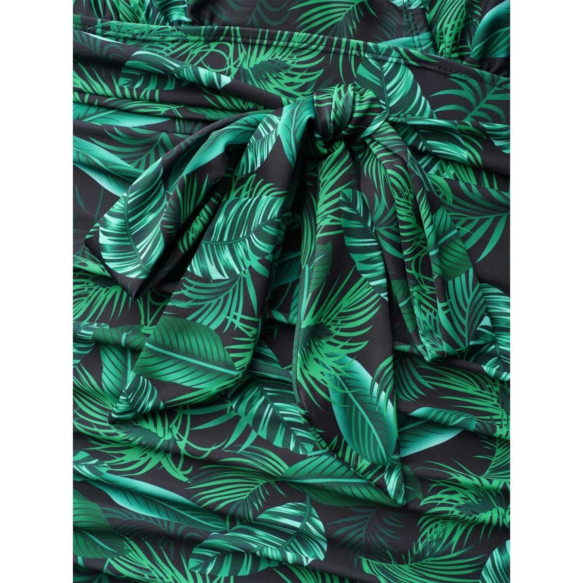 Plus Size Tropical Leaf Print One-Piece Swimsuit Women's Swimwear DarkGreen Beach Tie knot Curve Bathing Suits High stretch One Pieces BloomChic 22-24/3X Product Image
