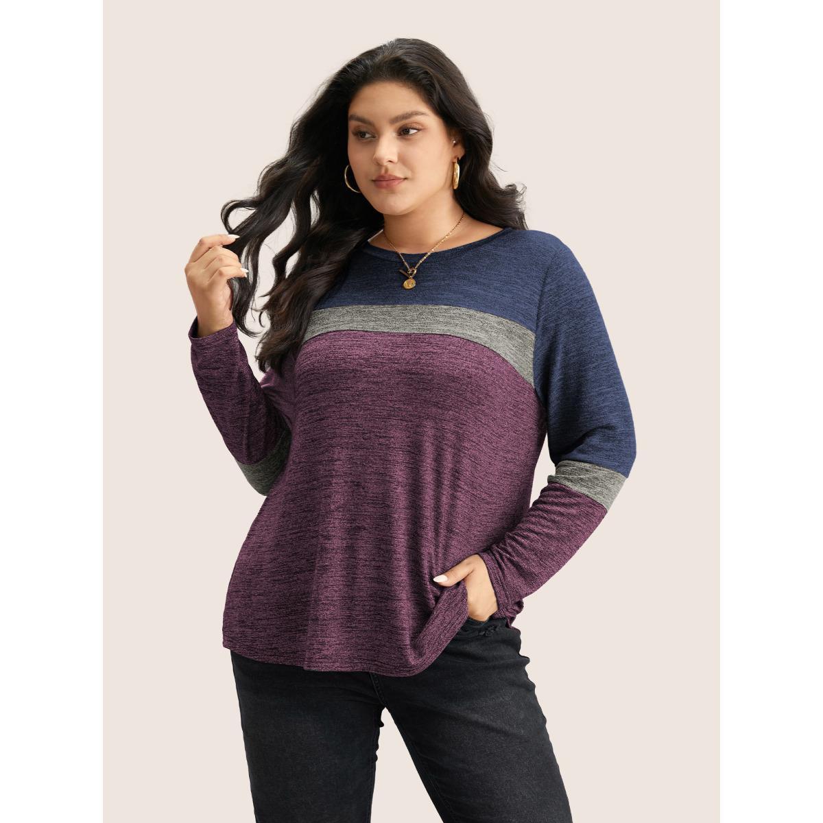 Plus Size Heather Colorblock Contrast Crew Neck T-shirt DarkBlue Women Casual Texture Plain Round Neck Everyday T-shirts BloomChic 28/5X Product Image