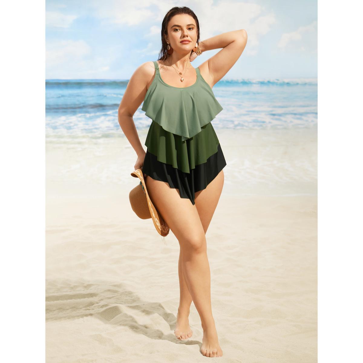 Plus Size U Neck Contrast Tiered Ruffles One Piece Swimsuit Women's Swimwear ArmyGreen Beach Tiered Curve Bathing Suits High stretch One Pieces BloomChic 18-20/2X Product Image