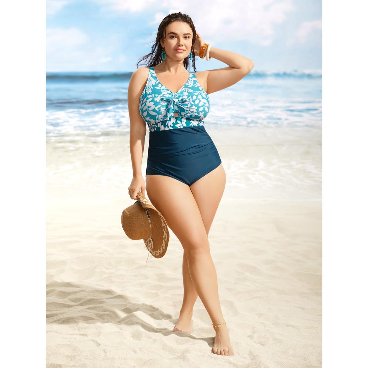 Plus Size Silhouette Floral Print Patchwork Gathered One Piece Swimsuit Women's Swimwear Cyan Beach Tie knot Curve Bathing Suits High stretch One Pieces BloomChic 26/4X Product Image