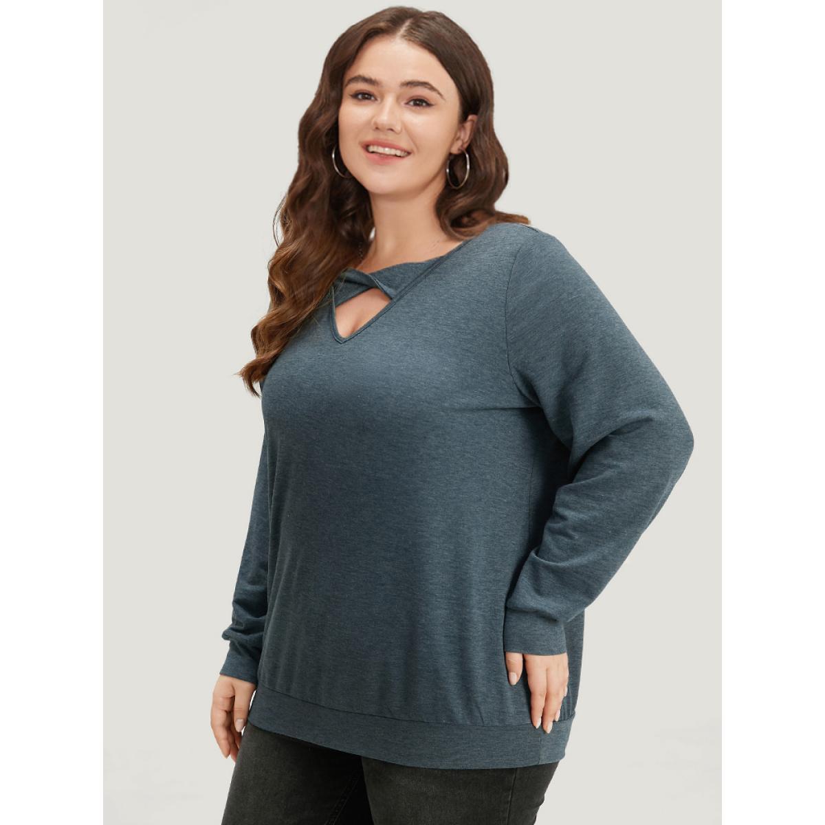 Plus Size Plain Twist Front Keyhole Sweatshirt Women Navy Casual Plain V-neck Dailywear Sweatshirts BloomChic 10/M Product Image