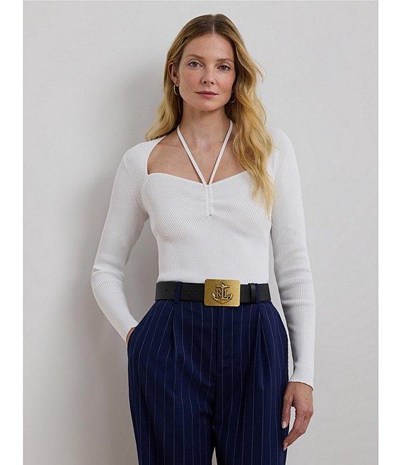 Lauren Ralph Lauren Rib-Knit Halter Sweetheart Neck Long Sleeve Slim Fit Sweater Product Image
