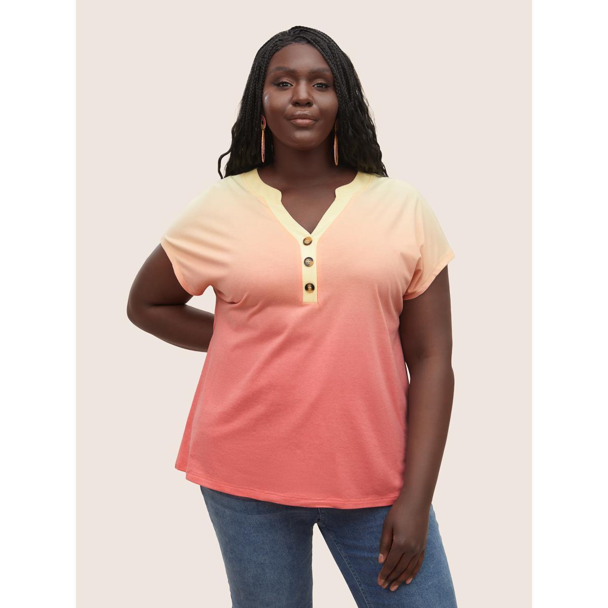 Plus Size Ombre Contrast Batwing Sleeve T-shirt OrangeRed Women Resort Contrast Ombre Notched collar Vacation T-shirts BloomChic 12/L Product Image