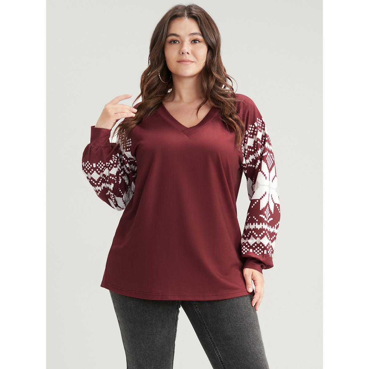 Plus Size Snowflake Print V Neck Drop Shoulder Sweatshirt Women Scarlet Casual Contrast V-neck Festival-Christmas Sweatshirts BloomChic 22-24/3X Product Image