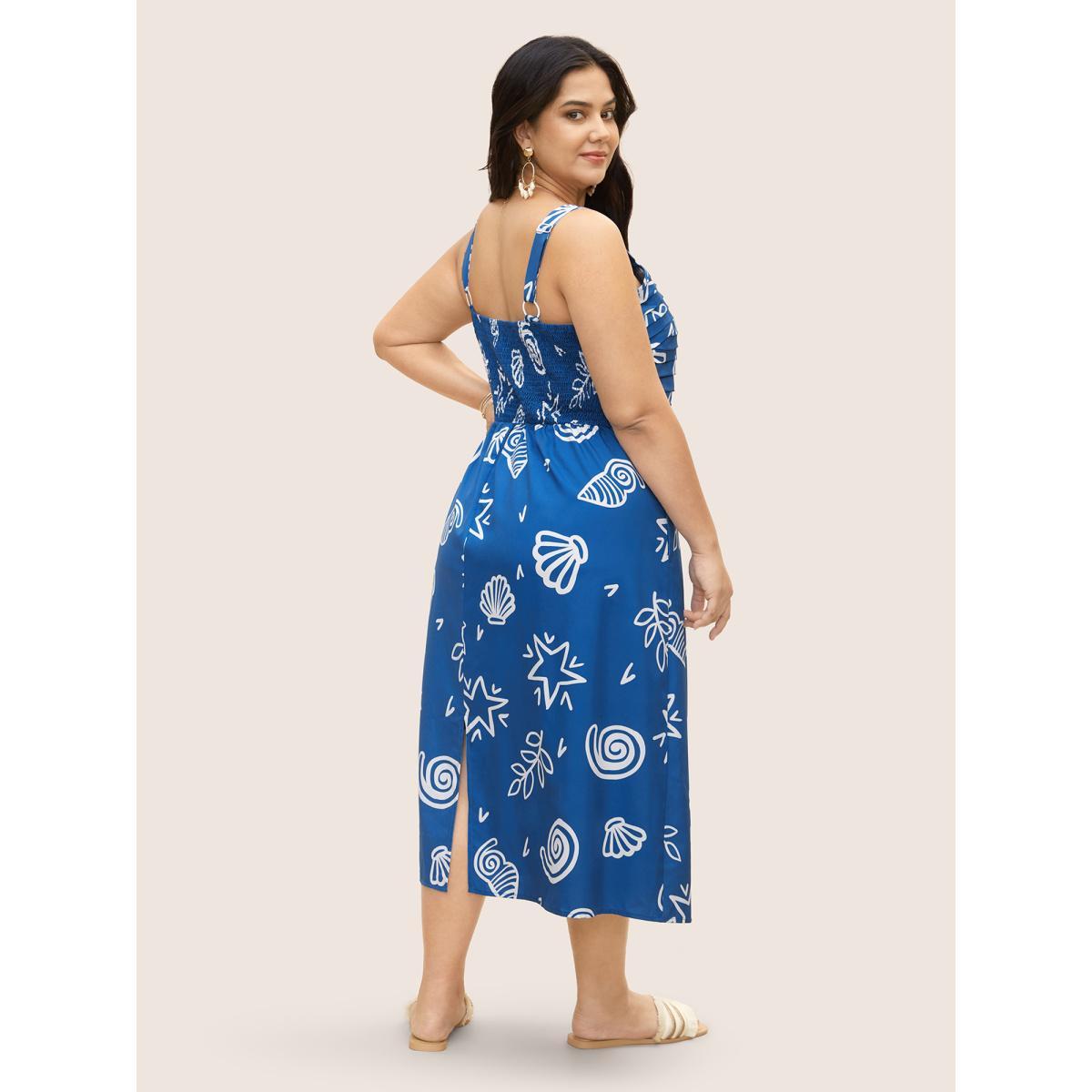 Plus Size Marine Elements Pleated Slit Hem Dress Mediumblue Women Resort Pleated Square Neck Sleeveless Curvy BloomChic 18-20/2X Product Image