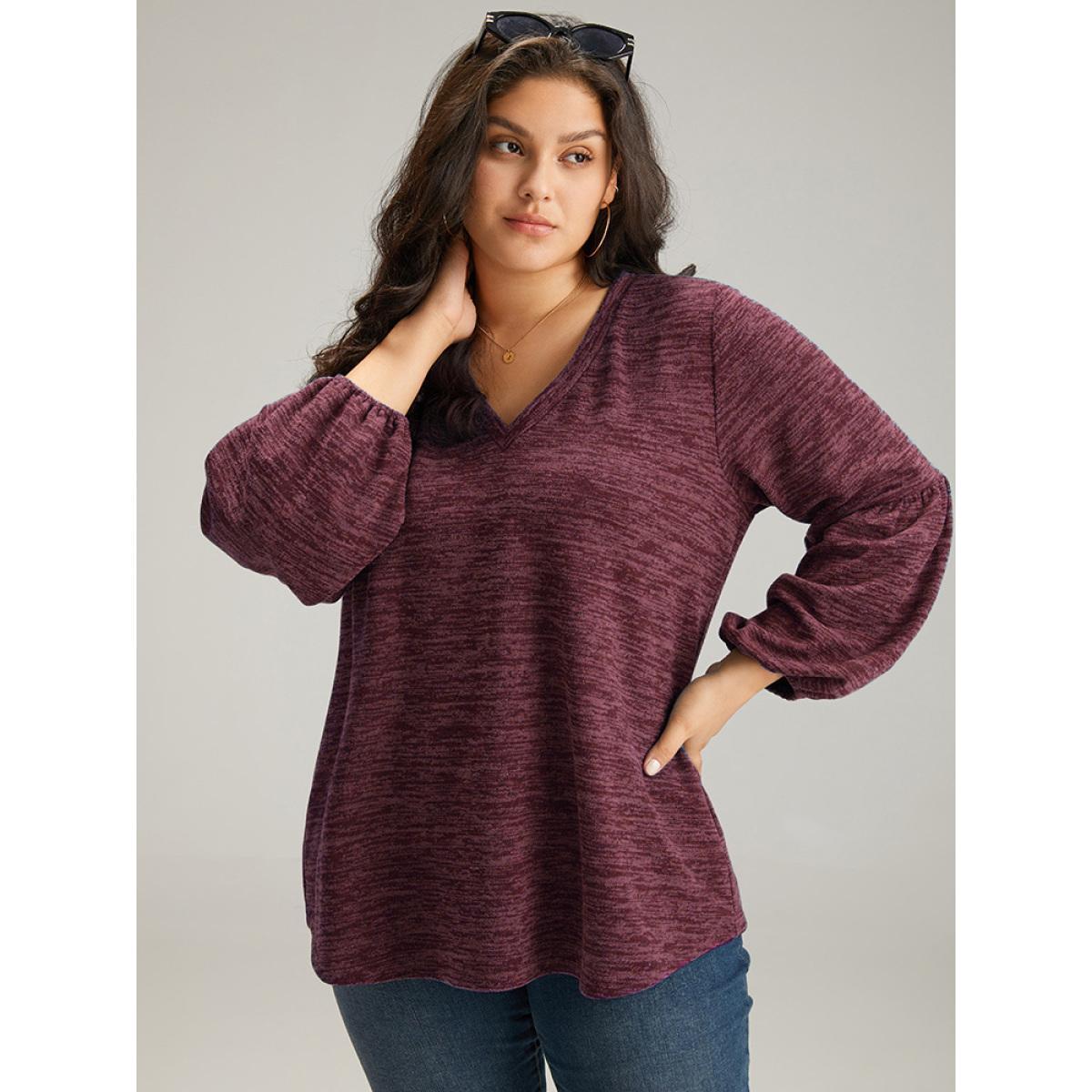 Plus Size Heather V Neck Lantern Sleeve Sweatshirt Women Red Casual Elastic cuffs V-neck Dailywear Sweatshirts BloomChic 10/M Product Image