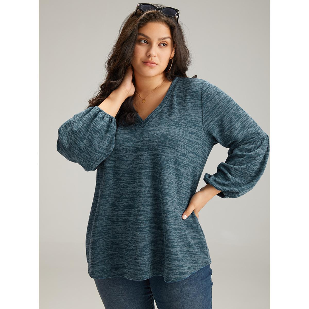 Plus Size Heather V Neck Lantern Sleeve Sweatshirt Women Red Casual Elastic cuffs V-neck Dailywear Sweatshirts BloomChic 22-24/3X Product Image
