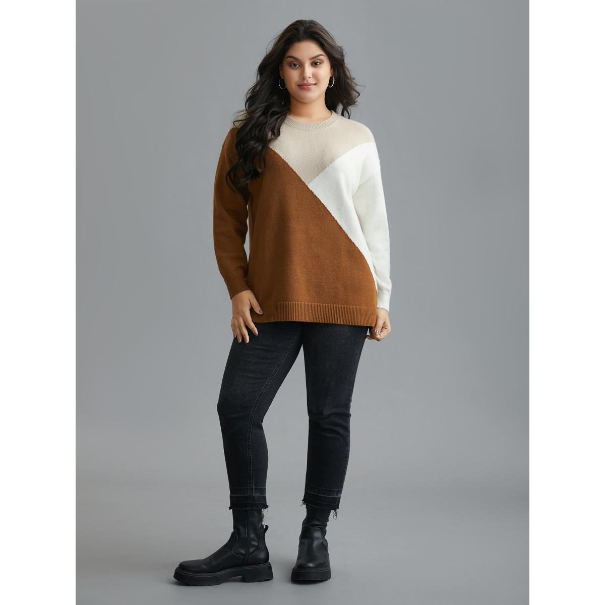 Plus Size Supersoft Essentials Color Block Crew Neck Pullover Yellowishbrown Women Casual Loose Long Sleeve Round Neck Everyday Pullovers BloomChic 12/L Product Image