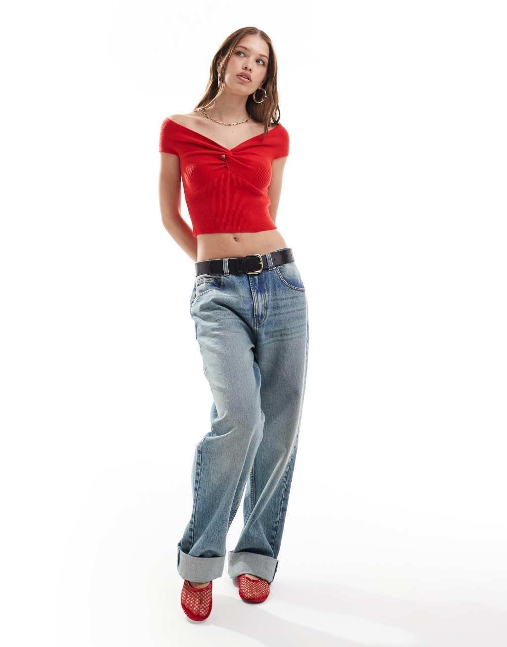 Miss Selfridge rib knit twist front short sleeve off the shoulder top in red Product Image