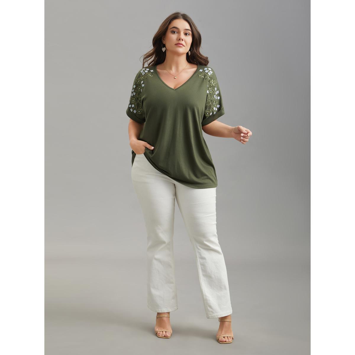 Plus Size Stretchy Embroidered Drop Shoulder T-Shirt ArmyGreen Women Elegant Roll Hem V-neck Everyday T-shirts BloomChic 26/4X Product Image