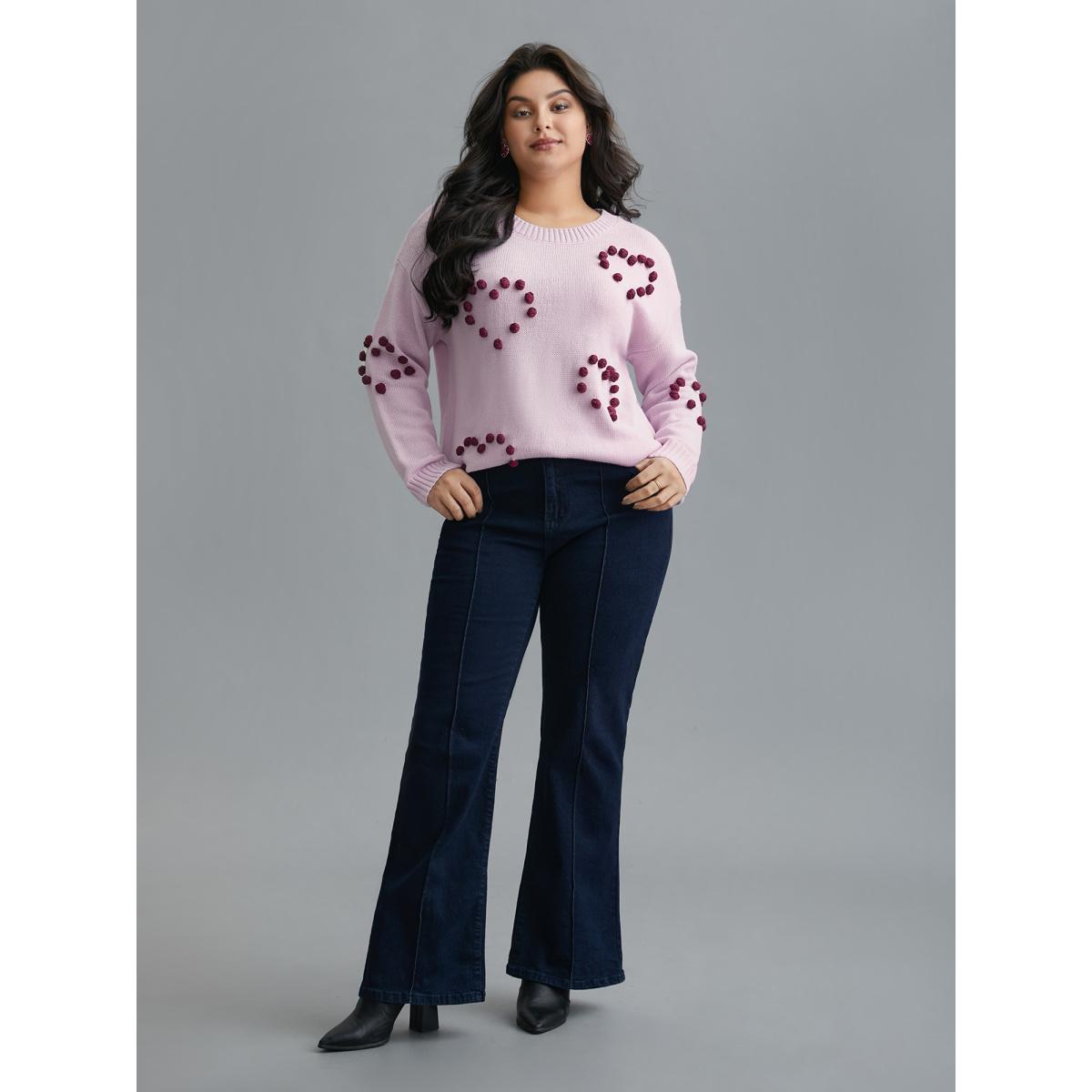 Plus Size 3D Hearts Drop Shoulder Sleeve Pullover Nudepink Women Casual Loose Long Sleeve Round Neck Everyday Pullovers BloomChic 22-24/3X Product Image