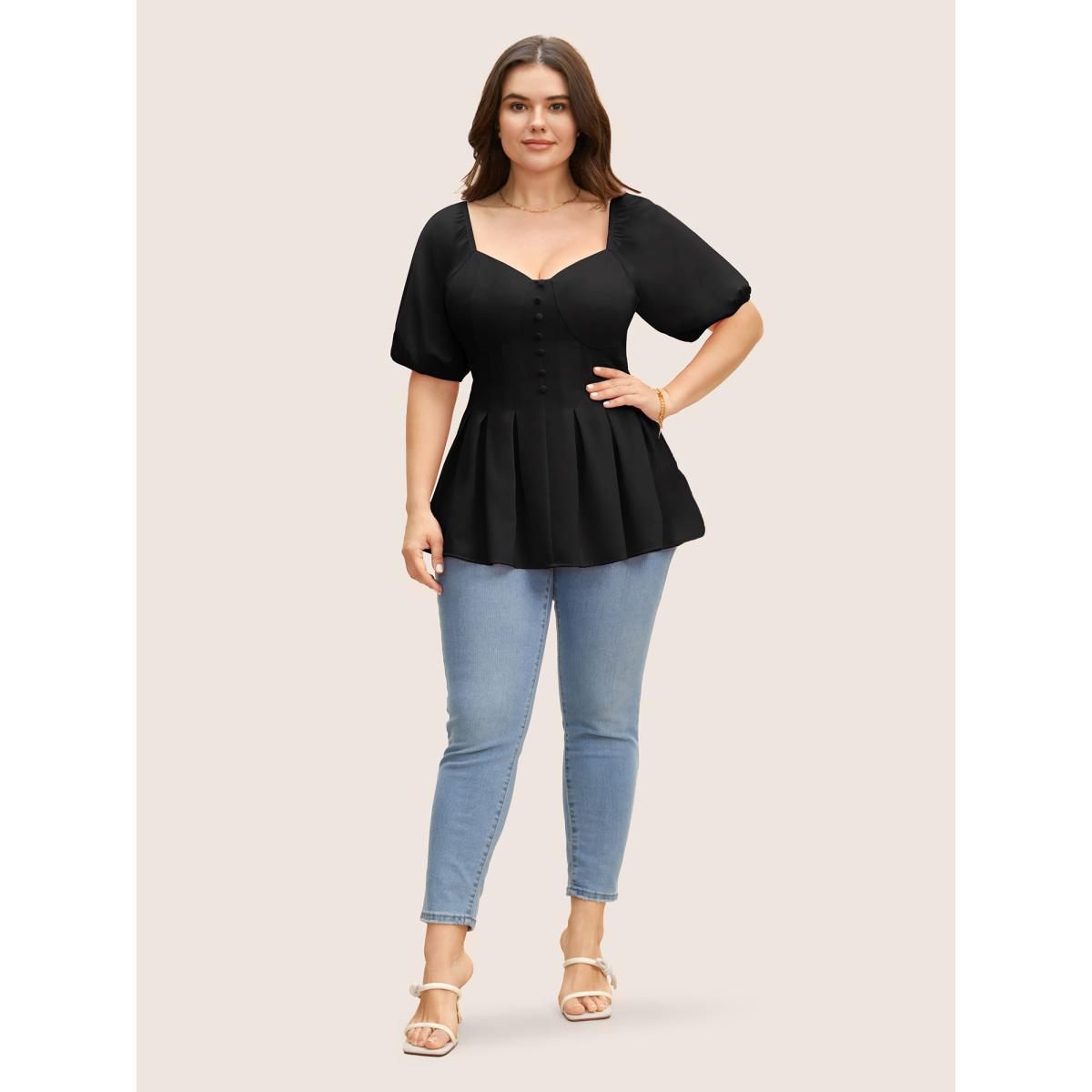 Plus Size Black Solid Heart Neckline Pleated Button Detail Blouse Women Elegant Short sleeve Heart neckline Everyday Blouses BloomChic 30/6X Product Image
